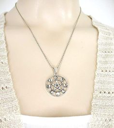 Pentacle With Phases of the Moon Necklace - woot & hammy Mystical Silver Star-shaped Jewelry, Mystical Silver Star Jewelry, Mystical Silver Pendant Jewelry, Mystical Silver Round Jewelry, Mystical Round Silver Jewelry, Silver Moon Phase Medallion Jewelry, Silver Moon Phase Amulet Jewelry, Silver Medallion Jewelry With Moon Phase, Silver Moon-shaped Locket Jewelry