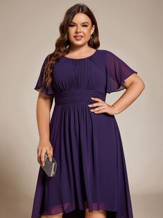 Plus Size Pleated Round Neckline A-Line Midi Chiffon Wedding Guest Dress #color_Dark Purple Formal Pleated Chiffon Dress, Pleated Chiffon Dress For Wedding, A-line Chiffon Midi Dress For Weddings, Elegant Pleated Midi-length Chiffon Dress, Knee-length Pleated Chiffon Dress, Purple A-line Midi Dress For Cocktail, Purple Flowy Knee-length Midi Dress, Sophisticated Dress, Lularoe Dresses