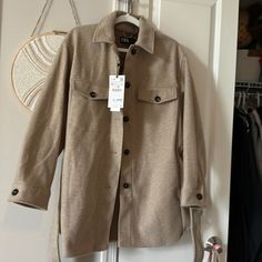 Brand New With Tags!! Just Didn’t Work Out For Me **Comes With Free Gift And Smoke Free Home** Neutral Long Sleeve Outerwear For Work, Neutral Button-up Outerwear For Fall, Casual Beige Pea Coat, Beige Winter Shacket For Workwear, Zara Button-up Fall Outerwear, Neutral Outerwear With Button Closure For Fall, Winter Workwear Beige Shacket, Beige Shacket For Workwear In Winter, Neutral Long Sleeve Shacket With Button Closure