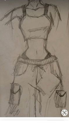 a drawing of a woman's torso with her hands in her pockets and the bottom half