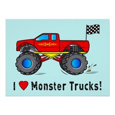 a red monster truck with checkered flag on it's side and the words i love monster trucks