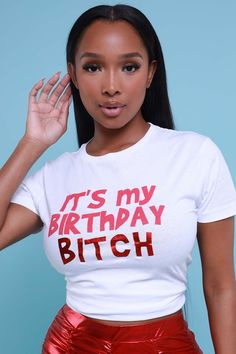 Birthday B Graphic Foil T-Shirt - White/Red - Swank A Posh Red Birthday Nails, Red Birthday, Our Birthday, It's My Birthday, Birthday Tshirts, Birthday Nails, It's Your Birthday, Graphic Tops, Its My Birthday