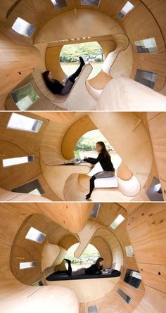 two photographs of a person sitting in a room with wooden walls and flooring on the ceiling