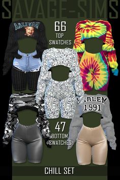 several different styles of clothing are shown in this advertisement for the same product, including shorts and sweaters