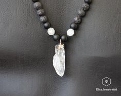 "-ALL THE PRODUCTS AT ELISAJEWELRYART ARE HANDMADE AND MADE WITH NATURAL BEADS. -WHAT DOES THE QUARTZ STAND FOR Clear Quartz is known as the \"master healer\" and will amplify energy and thought, as well as the effect of other crystals. It absorbs, stores, releases and regulates energy. Clear Quartz draws off negative energy of all kinds, neutralising background radiation, including electromagnetic smog or petrochemical emanations. It balances and revitalises the physical, mental, emotional and Necklace Macrame, Raw Quartz Crystal, Quartz Crystal Pendant, Raw Quartz, Lava Beads, Quartz Beads, Macrame Necklace, Lava Bead, White Necklace