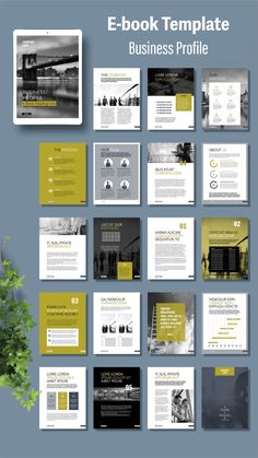 a bunch of brochures with yellow and black designs on them, all in different sizes