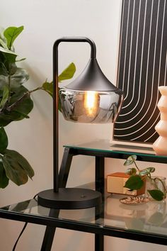 a black lamp sitting on top of a glass table next to a potted plant