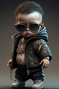 a small child wearing sunglasses and a jacket with tattoos on it's chest, standing in front of a gray background