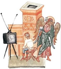 an angel sitting in front of a tv next to a person with wings on his head