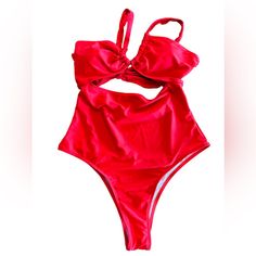 Gorgeous Red Sexy High Cut High Waist One Piece Swimsuit. This Has A Cut Out Mid Section And Swimsuit Ties In The Back. Size M. Nwt Red Bodysuit For Beach Season Parties, Red Party Bodysuit For Beach Season, Chic Red Bodysuit For The Beach, Red Cutout One-piece Swimwear, Red One-piece Cutout Swimwear, Red One-piece Swimwear For Night Out, Red High-waist Swimwear For Party, Trendy Red Bodysuit For Beach, Red Summer Party Bodysuit