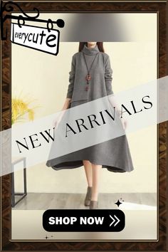 Plain Casual Long Sleeve Fall Dresses Gray A-line Winter Dresses, Long Solid Color Winter Dress, Casual Gray Winter Dresses, Casual Solid Color Winter Dress, Chic Fall Shift Midi Dress, Winter Solid Color Knee-length Dress, Chic Shift Midi Dress For Fall, Winter Knee-length Solid Color Dress, Casual A-line Winter Dresses