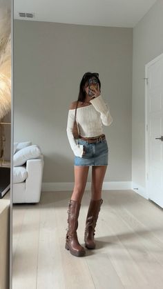 off shoulder sweater denim skirt brown moto boots fall outfit Off Shoulder Sweaters Outfit, Fall Outfits 2024 Boots, Cute Brown Fall Outfits, Fall Outfits Off The Shoulder, Casual Cute Going Out Outfits, Off Shoulder And Skirt Outfit, Fall Outfits With Denim Skirt, Outfit Inspo With Boots, Autum 2024 Outfits