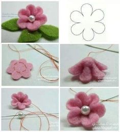 four pictures showing how to make a flower with yarn and buttons on the front, side, and back