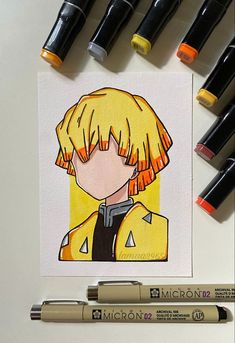 some markers and pens are next to a drawing of a blonde haired boy with orange hair