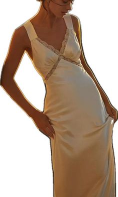 Elegant Beige V-neck Slip Dress, Cream V-neck Slip Dress For Party, Elegant Lace V-neck Slip Dress, Elegant Lace Slip Dress With V-neck, Silk Dress For Wedding Night, White Midi Length Slip Dress With Lace Trim, White Midi Slip Dress With Lace Trim, Feminine V-neck Dress For Wedding Night, Elegant Lace Slip Dress For Brunch