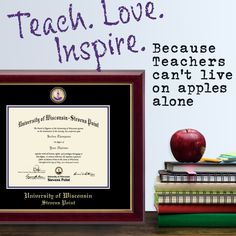 an apple sits on top of some books with the caption teach love inspire because teachers can't live on apples alone