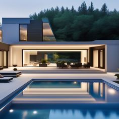 a modern house with an outdoor pool and lounge area