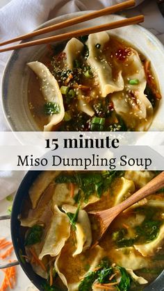 miso dumpling soup ready in just 15 minutes. topped with green onion and sesame seeds Vegetable Dumplings, Dumpling Soup, Dumplings For Soup, Vegan Soup, Asian Foods, Asian Cooking