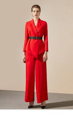 Pant Suit For Women, Pant Suits For Women, Office Worker, Leg Belt, Professional Wardrobe, Single Button Blazer, Red Suit, Belted Pants, Pant Suit