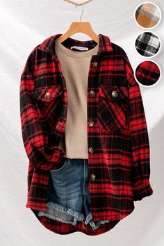 Checkered oversized button down jacket 80% POLY 10% COTTON 10% ACRYLIC Flannel Outfits, Oversized Flannel, Plaid Sweater, Oversized Jacket, Plaid Fashion, Plaid Flannel Shirt, Plaid Jacket, Red Jacket, Outfits Casuales