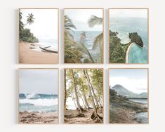 four pictures of the ocean with palm trees and mountains in the background, all on one wall