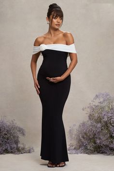 In Bloom Black & White Bardot Maternity Maxi Dress With Flower – Club L London - USA Pregnant Wedding, Club L London, Bardot Neckline, Maternity Maxi Dress, Black Dress Prom, Fishtail Skirt, Black Tie Gala, Flower Corsage, Maternity Maxi