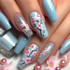 Cherry Blossom Nails Design, Blossom Nails, Cherry Blossom Nails, Boho Nails, Art Deco Nails, Hippie Nails, Lavender Nails, Floral Nail Designs