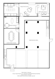 the floor plan for an office with two separate rooms and one living room, as well as