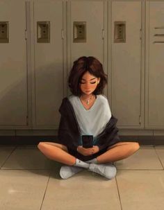 a woman sitting on the floor holding a cell phone in front of lockers with her eyes closed