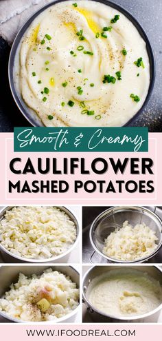 cauliflower mashed potatoes in pans with text overlay