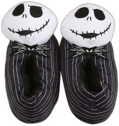 a pair of slippers with jack skellings on them, both in black and white