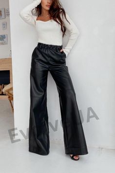 pants inseam is 33 1/3 inches or 85 cm Vegan leather pants palazzo style PU leather pants are perfect for everyday looks and special occasions, hippie parties, biker women and trendsetters ;) DETAILS - vegan leather wide leg pants - palazzo style - high rise - perfect fit - functional pockets - elastic band in waist - highest quality faux leather MATERIAL faux leather (vegan) leather SIZE Pants are available in 1 size S/M but I can also make other sizes (from 0 till 14 (US numeric) or XS - 1X si Faux Leather Flare Pants Outfit, Leather Flare Pants Outfits, Lawyer Fits, Leather Pants For Women, Leather Wide Leg Pants, Hockey Outfits, Biker Women, Black Palazzo Pants, Vegan Leather Pants