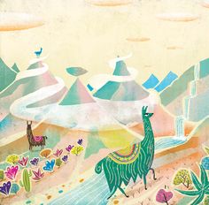 an illustration of llamas and cactuses in the desert