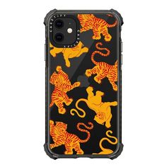 an orange tiger pattern on black phone case for the iphone 11 and iphone 11 plus