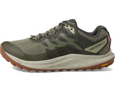 men's merrella trail running shoe in grey and brown with gum soles