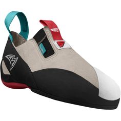 a pair of climbing shoes with blue and red straps