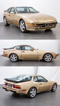 three different views of the back and side of a beige sports car, from top to bottom