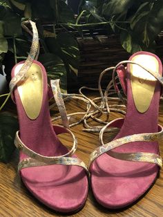 These are a lovely pair of gently used Unze brand “Tie Up The Leg” Heel Sandals. The shoes have a four-inch heel, are open toe, have a hot pink suede sole for comfort, and have a light pink floral design through out the shoe. The heel has a glass look top which meets a gold bottom and a sturdy end for walking. These are a US size 7. This item ships immediately to US addresses. 📦 Pink Lace-up Open Toe Sandals With Heel Strap, Pink Open Toe Lace-up Sandals With Wrapped Heel, Pink Lace-up Sandals With Wrapped Heel And Open Toe, Pink Lace-up Sandals With Wrapped Heel, Pink Suede Open Toe Sandals, Pink Suede Open Heel Shoes, Pink Suede Open Toe Heels, Pink Suede Open Heel Heels, Pink High Heel Suede Sandals