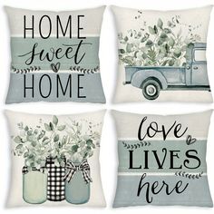 three pillows with flowers and mason jars on them