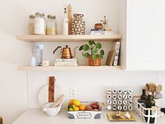 the kitchen counter is clean and ready to be used as a breakfast bar or snack station