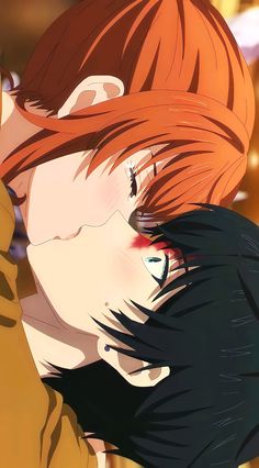 an anime character with red hair and blue eyes is hugging another character's face