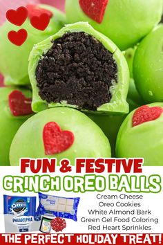 some green apples with red hearts on them and the words fun & festive crunch oreo balls