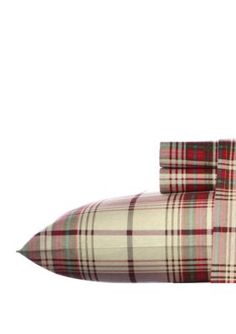 two plaid sheets are laying next to each other on a white surface, one is red and the other is beige