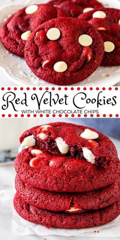 red velvet cookies with white chocolate chips are stacked on top of each other, and the cookie is ready to be eaten