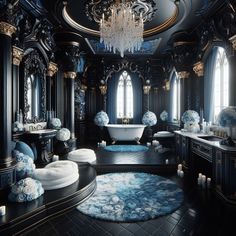 a fancy bathroom with black walls and blue carpeted flooring, chandelier above the bathtub