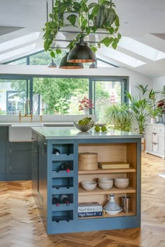 a kitchen with an island and potted plants