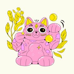 a pink cat sitting on top of a pile of leaves and holding an object in it's paws