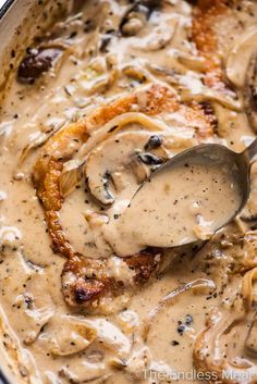 a ladle scooping some food out of a pot filled with mushroom gravy