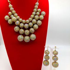 Stony Necklace And Earrings Set In Gold-Tone And Rhinestone Balls. Dressy And Beautiful Bought From Macy's Store *Standout* *Celebrations* *Birthday* *Gift* *Wedding* Offers Welcome! Multicolor Sparkling Crystal Jewelry, Sparkling Multicolor Crystal Jewelry, Gold Rhinestone Crystal Necklace For Celebration, Gold Crystal Sparkling Jewelry Sets, Gold Sparkling Jewelry Sets For Party, Party Multicolor Bling Jewelry, Sparkling Gold Jewelry For Festive Occasions, Festive Sparkling Gold Jewelry, Gold Dangle Necklace With Bling