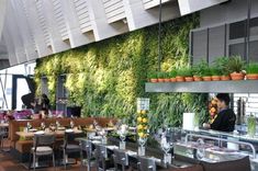 a restaurant with plants on the wall and people sitting at tables in front of it